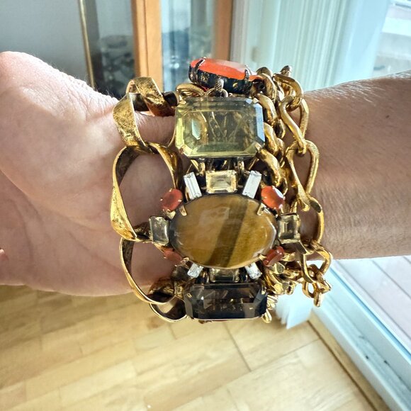 IRADJ MOINI SIGNED CITRINE TIGER EYE CARNELIAN STATEMENT BRACELET PIN BROOCH - Picture 11 of 12